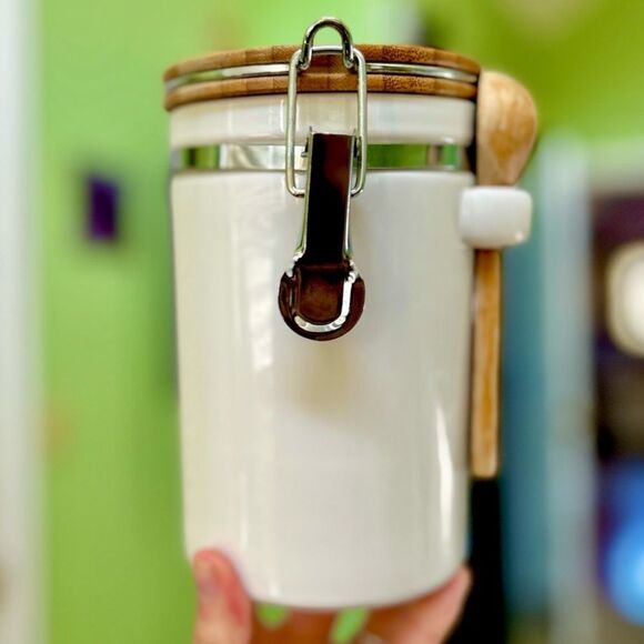 Charming Vintage Hinged Jar Spoon Slot & Holder Kitchen Food Storage Container - Picture 1 of 7